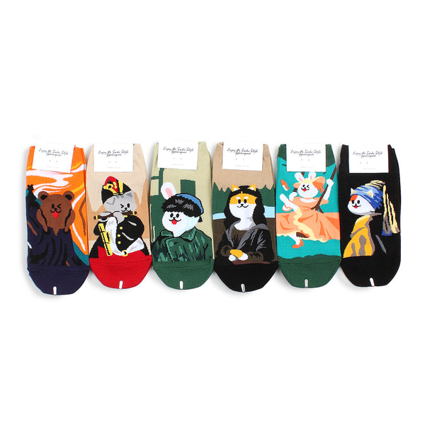 ( 6 pairs) Famous Painting Art Collage Pop Art Animal Low Cut Socks DJ16 - intypesocks