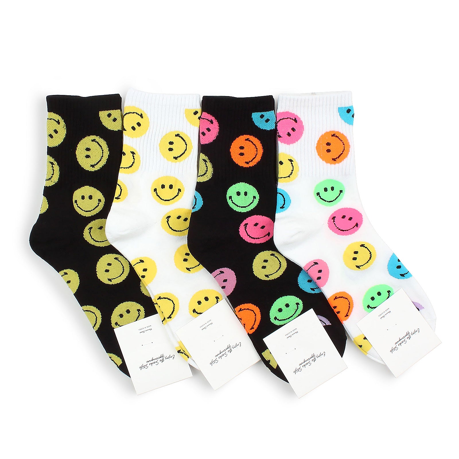 Neon smiling emoji prints socks (crew 4Pairs) OF 14 - intypesocks