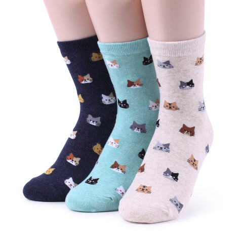 Cat Crew Socks (5pairs) Women Kitten Cute animal pattern sox BL15 - intypesocks
