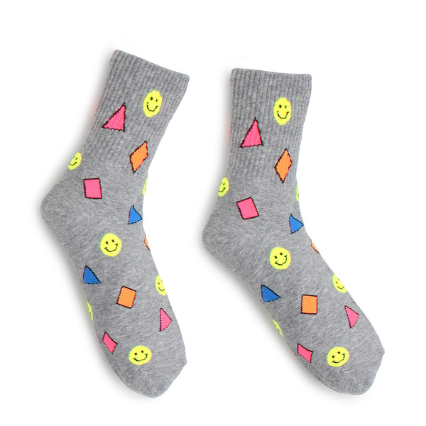 (6 Pairs) Smile emoji sticker neon crew Socks GO16 - intypesocks