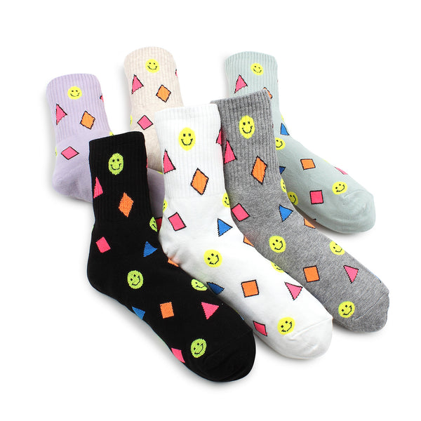(6 Pairs) Smile emoji sticker neon crew Socks GO16 - intypesocks